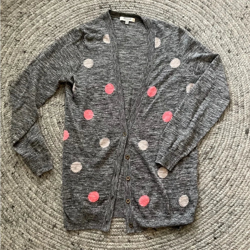 Madewell Grey & Pink Polka Dot Button-Up Metal Button Sweater size Medium in EUC - Picture 2 of 4